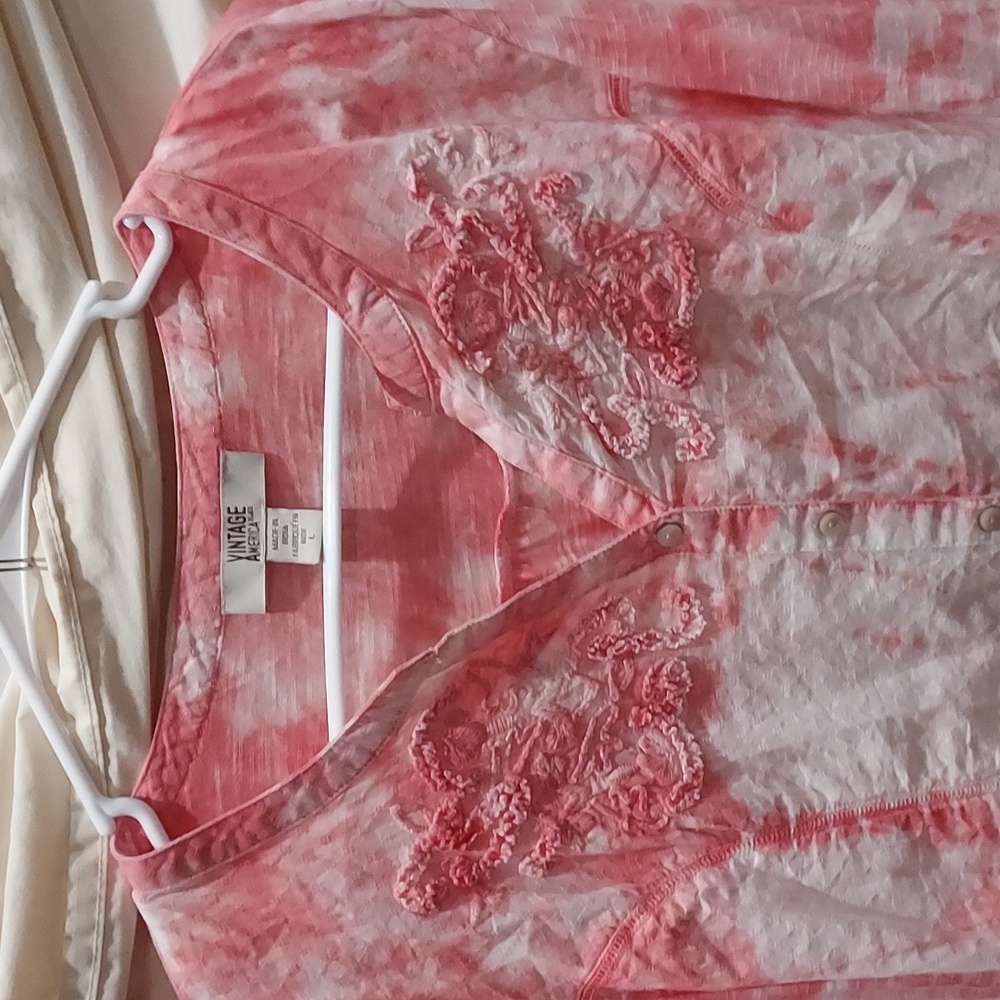 Beautiful Coral and white Tie Dye with Floral Applique V-neck Button Down Shirt